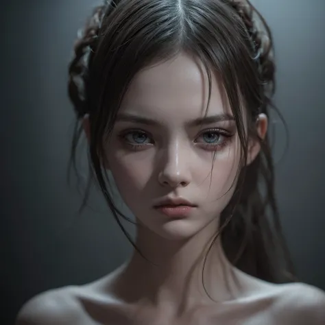 a young girl, severed neck, blood, horror, dark fantasy, dramatic lighting, surreal, eerie, unsettling, cinematic composition, dark atmosphere, disturbing, masterpiece, ultra-detailed, hyperrealistic, dramatic shadows, dramatic lighting, porcelain skin, be...