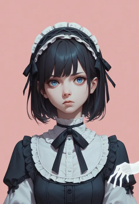 ((headquarters)), ((alone)), ((very close topic)), masterpiece, wearing gothic lolita clothes, black hair bob, navy blue eyes, one girl, solid pink background, invisible hand