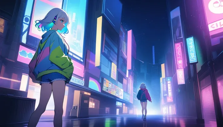 HD 8k Handsome sexy cute, Solitary, 1 female, Medium Length Hair, white hair, Rainbow hair, blue Eyes, looking away, Rainbow headphone, hoodie, colored hoodie, denim shorts, sneakers, Human focus, outdoor, blue night sky, background is 1980s Japanese NEON ...