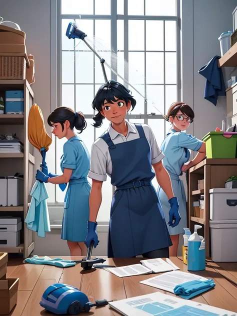 A diligent cleaning staff composed of two men and one woman, all clad in matching navy blue uniforms with crisp white aprons, actively engaged in their duties within a spacious office setting. The woman, with a vibrant smile, operates a sleek, ergonomic va...