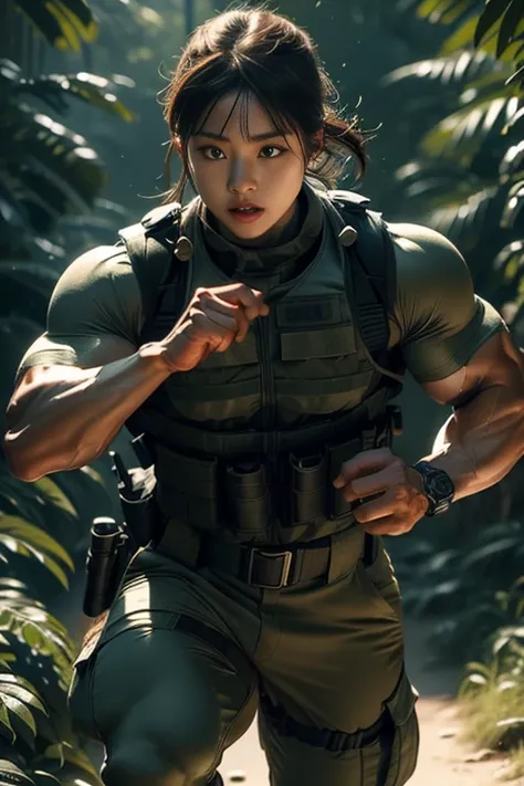 realistic military photo, 1 japanese woman in special forces, running through coniferous forest, engaged in gunfight, wearing full tactical gear, detailed equipment and accessories, bulletproof vest, wristwatch, military pants, realistic skin textures, hyp...