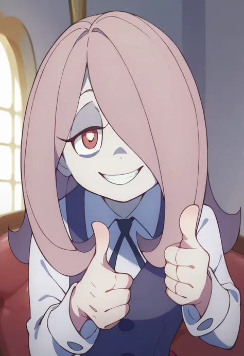 smiling, thumbs up to viewer, friendly, helpful, cheerful expression,  sucy manbavaran, solo