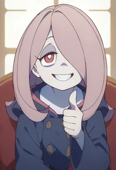 smiling, thumbs up to viewer, friendly, helpful, cheerful expression,  sucy manbavaran, solo