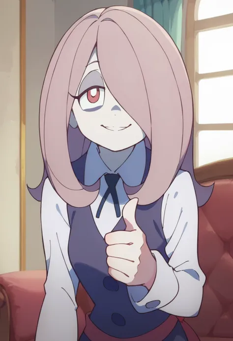 smiling, thumbs up to viewer, friendly, helpful, cheerful expression,  sucy manbavaran, solo