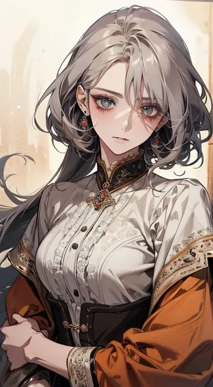 A beautiful detailed anime portrait of a woman with grey hair wearing an orange blouse, exquisite face, stunning character painting, lovely anime portrait, her image rendered in red ink, with an impressive effect, highly detailed, feminine facial features ...