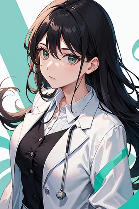 40 year old female doctor, wearing medical uniform, long black hair, doctors clothing, white coat, green blouse, white pants, looking directly at viewer, white background.