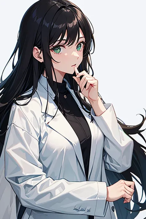 40 year old female doctor, wearing medical uniform, long black hair, doctors clothing, white coat, green blouse, white pants, looking directly at viewer, white background.