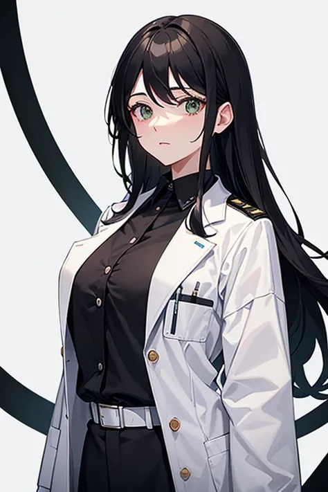 40 year old female doctor, wearing medical uniform, long black hair, doctors clothing, white coat, green blouse, white pants, looking directly at viewer, white background.