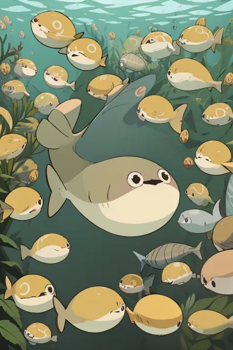 anime style、puffer fish、fish、no background、1 fish、cute、smile