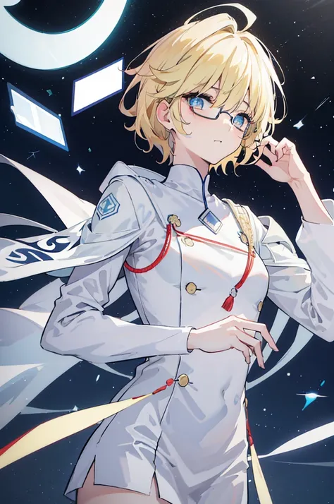 초상화, Face_through_torso, arcanepunk, ((성인 남성)), Solo, short_hair(asymmetrical_bangs, light_blonde_hair, hair_over_one_eye), worried_face(sky_blue_eyes, spade shaped_pupils, glasses), 병악함, 겁쟁이, 어색한 웃음, 귀족 의상, white coat