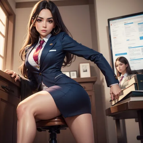 8k, best quality, victoria villarruel dressed in a lawyer&#39;s suit, long dark brown hair, slim with wide hips, smiling warm ex...