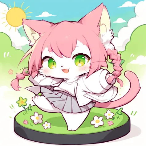 best qualiy,furry,neko_hakase is dancing in a green land,sun,sky,flowers,cloud,smile,furry,look at viewer,pink hair,full body,pi...