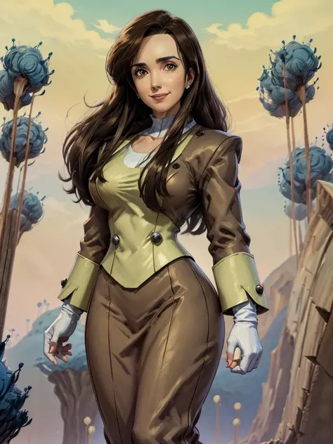 8k, best quality, victoria villarruel dressed in a suit as a dragon ball lawyer, long dark brown hair, slim with wide hips, smil...