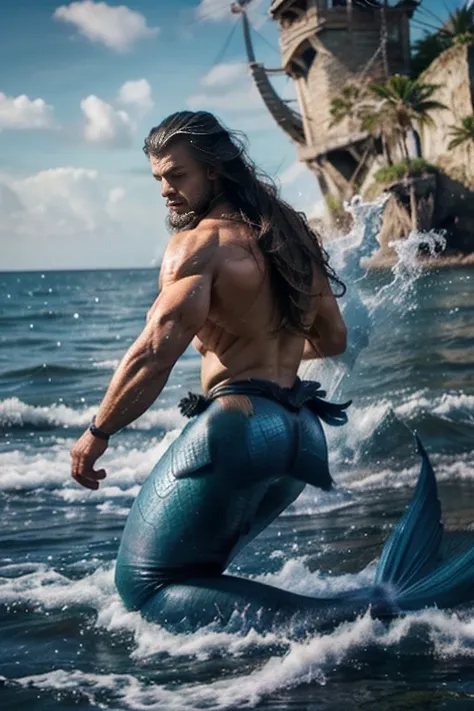 muscle male mermaid, merman, muscles, male bodybuilder, blue mermaid tails, black long beard, black long hair, jumping from wate...