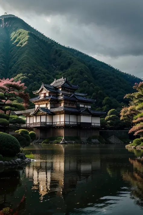 Beautiful palatial and gloomy Japanese castle in Japan with mountains and lakes