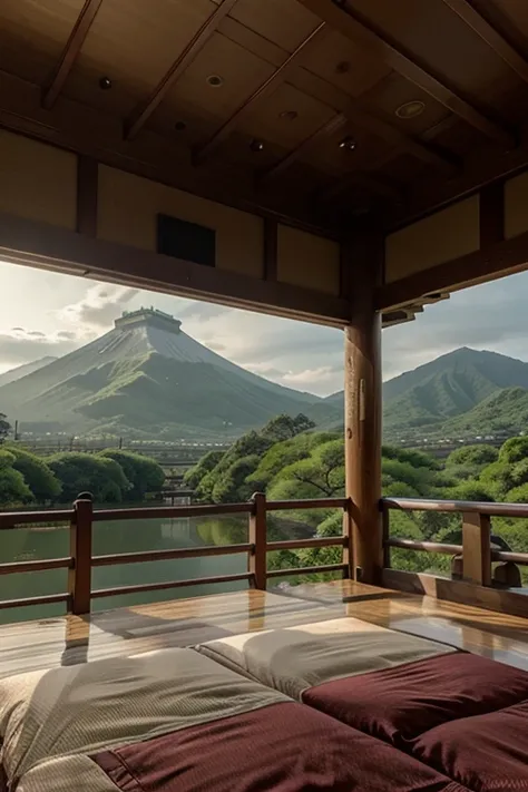 Beautiful palatial and gloomy Japanese castle in Japan with mountains and lakes, bedrooms 