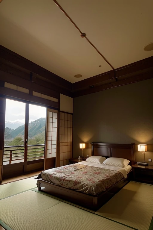 room in beautiful palatial and gloomy Japanese castle in Japan with mountains and lakes, bedrooms 