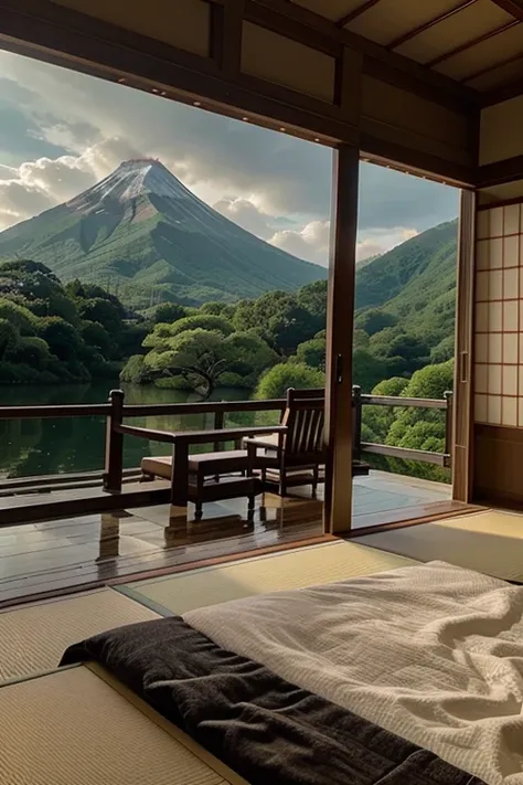 room in beautiful palatial and gloomy Japanese castle in Japan with mountains and lakes, bedrooms 