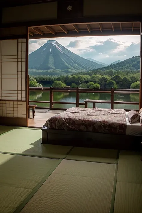 room in beautiful palatial and gloomy Japanese castle in Japan with mountains and lakes, bedrooms 