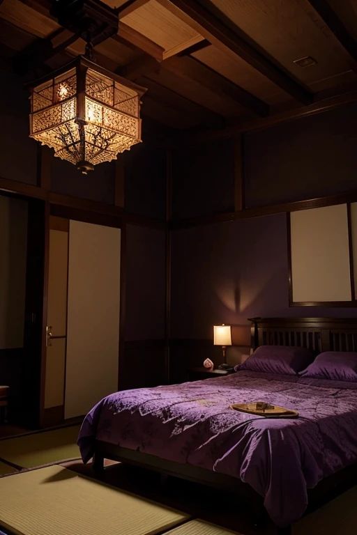 Purple lilac room in beautiful, palatial and spooky Japanese castle in Japan with mountains and lakes, bedrooms 