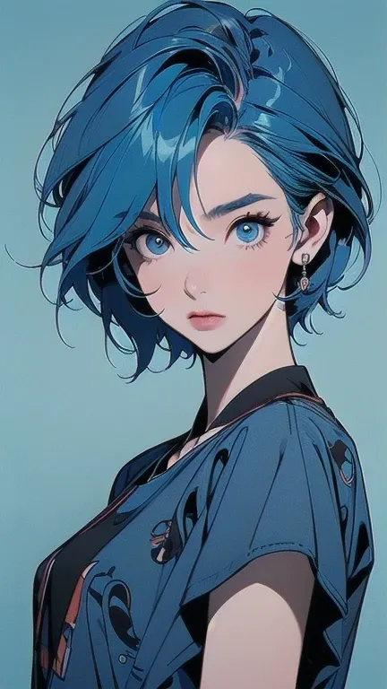 Trigun、people、Beautiful woman、Movie Posters、Upper Body、Model pose、mysterious、Small breasts、Short sleeve、(((A detailed and complex drone)))、(((The perfect drone)))、(((Blue Hair Color)))、(((Many eyeballs)))