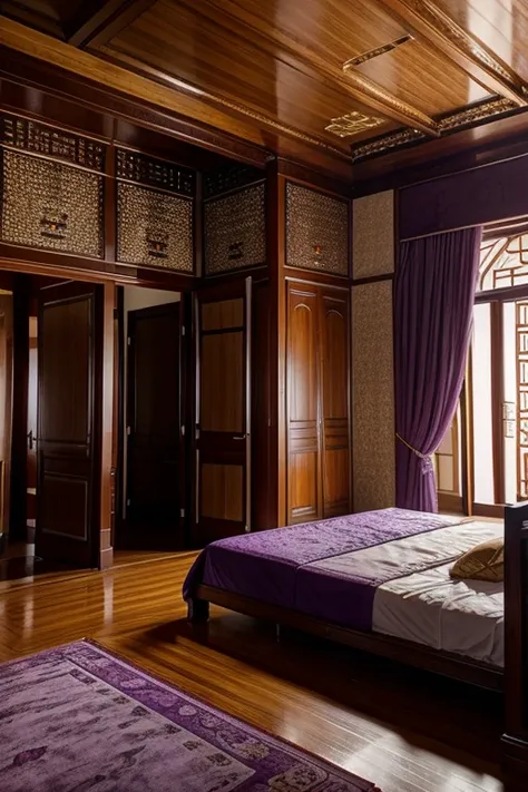 lilac purple gold room in beautiful palatial and gloomy chinese castle in china with mountains and lakes, bedrooms 