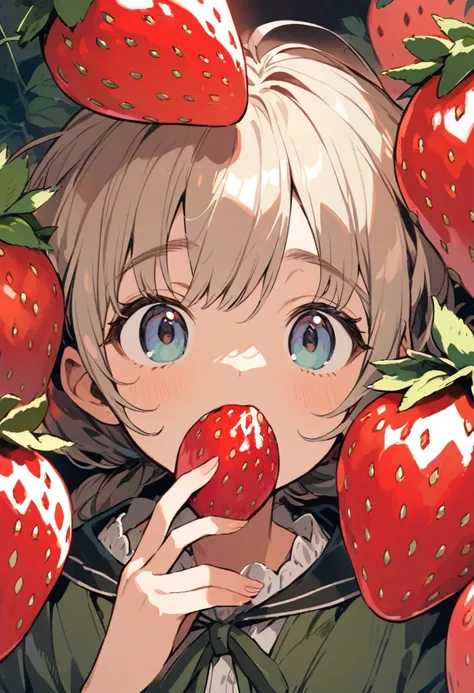 ghibli, a girl is gazing longingly at a large strawberry with her mouth wide open, face close-up