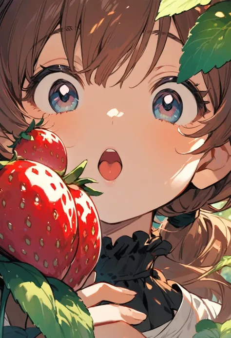 ghibli, a girl is gazing longingly at a large strawberry with her mouth wide open, face close-up