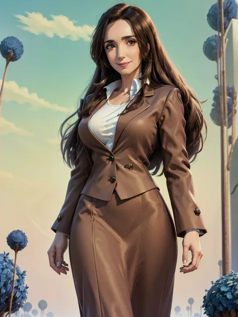 8k, best quality, victoria villarruel dressed in a suit as a lawyer, long dark brown hair, slim with wide hips, smiling warm exp...