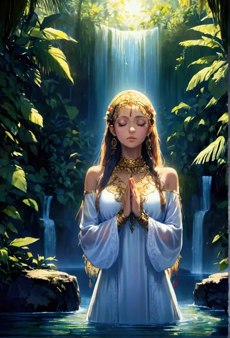 a lovely woman praying for fertility at a jungle waterfall, a translucent goddess floating above the water listening to her prayer, moonlit confession, detailed female figure, beautiful intricate details, realistic skin textures, flowing hair, ornate jewel...