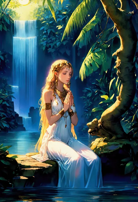 a lovely woman praying for fertility at a jungle waterfall, a translucent goddess floating above the water listening to her prayer, moonlit confession, detailed female figure, beautiful intricate details, realistic skin textures, flowing hair, ornate jewel...