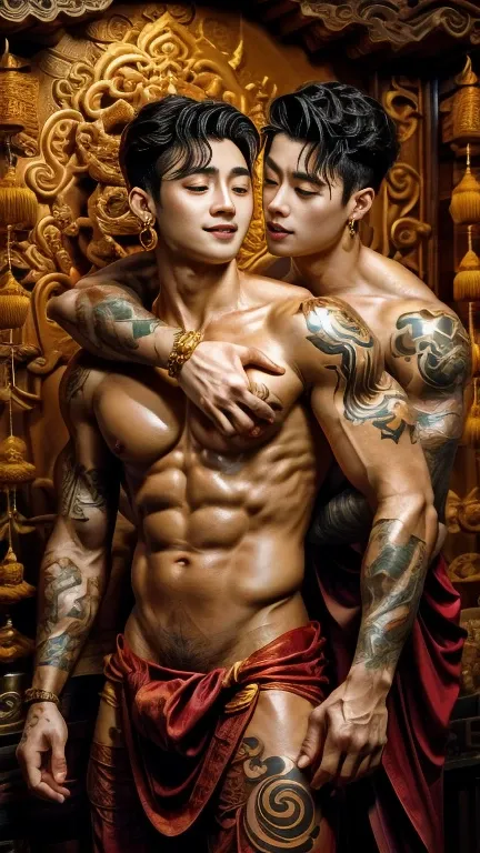 ( safe for work),Two handsome boys kissing, smiling at each other,hugging, kissing, touching lips, cuddle, romantic,skin ship, Chinese Men God, Mythology, realistic, Chinese odyssy, super Handsome,manly, kpop idol, handsome korean actor, 20 years old,, det...