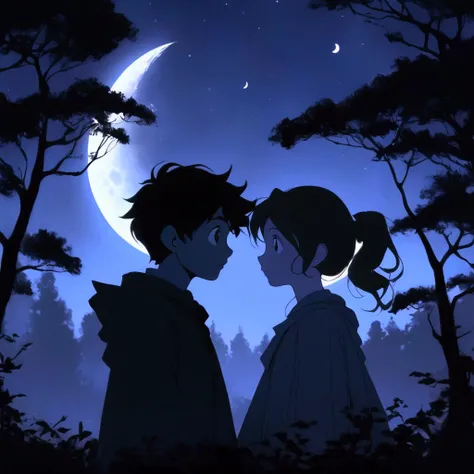 1girl, 1boy, face to face, hill, forest, moon, night, silhouette, betterhand