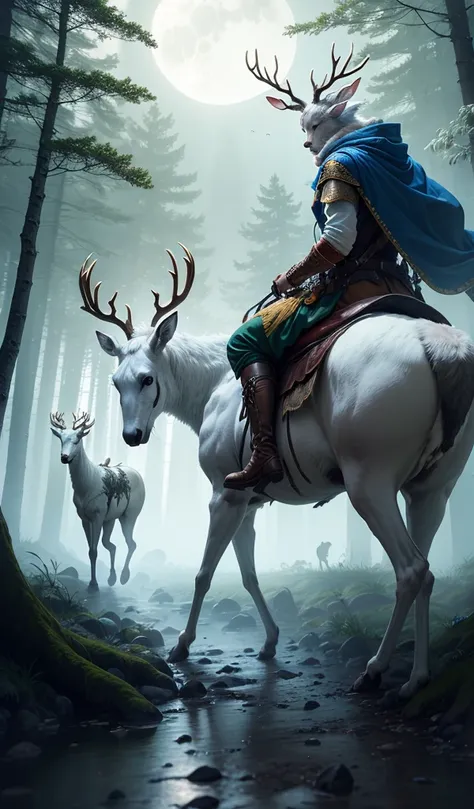 An elven ranger riding a majestic white stag through a moonlit forest, followed by a pack of ethereal wolves.