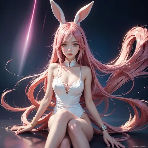 Anime Style, Cartoon close-up of a woman with bunny ears and a tail, With rabbit tail, With rabbit ears, Girl Design, times, Portraiture, Gisha, Anime Images, Long Hair, Pink Hair, Hair covering the ears, Happy, Sophisticated and powerful appearance, exoti...