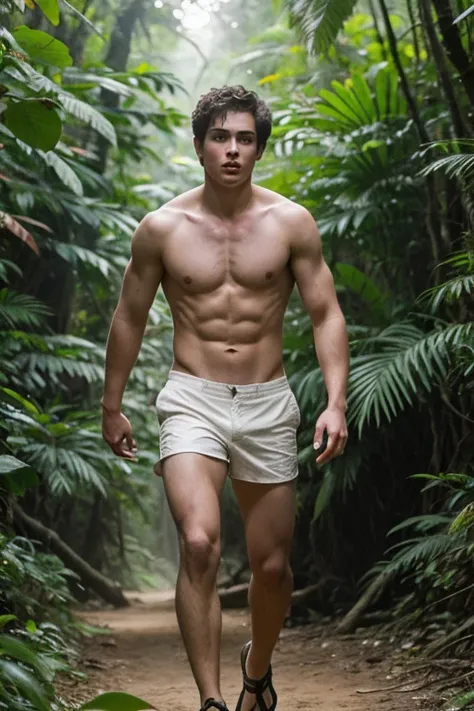 young cute handsome pretty beautiful white face soft skin skinny short hair shirtless in a jungle escaping chased by three ugly ogre man running after him 