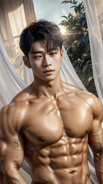 disconsolate，Ambient，artistic conception，large scene，The wind blew up the white curtains，Dattain lamps，Diffuse light，chest muscle，Shirtless, stubbles, Sideburns, musculature, Strong handsome korean  guy，naked body builder, expose his big penis, handsome pe...