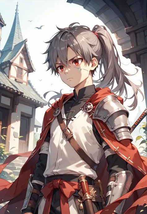 A young male assassin，Dark grey hair，Some curl at the end，I usually comb my hair and tie it into a high ponytail at the back of my head.，A pair of red eyes，There is a small scar at the corner of the mouth。Soft expression