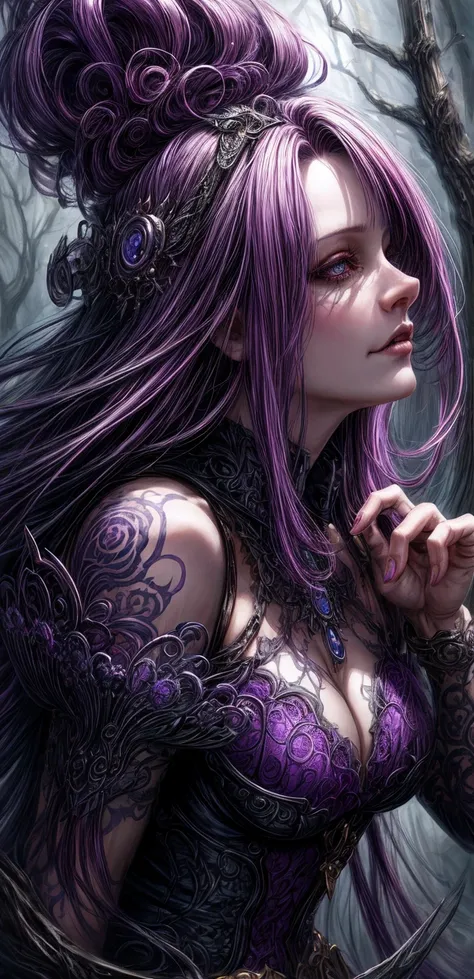 a digital painting of a woman with purple hair, scary detailed art in color, mark brooks detailed, highly detailed fantasy art, by Todd Lockwood, close-up portrait goddess skull, intricate detailed digital art, beautiful fantasy art portrait, extraordinari...