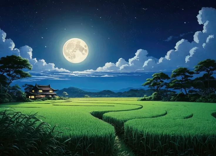 Ghibli　night　Rice Field　shooting star　moon　Fantasy　