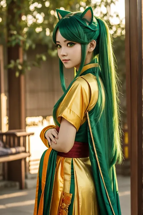 （best quality）Green Hair，Double tail，Cat ear，Golden orange pupils，Hanfu 