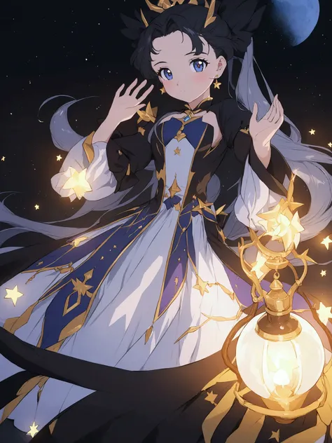 anime girl in a dress with a lantern and a star, beautiful celestial mage, astral witch clothes, portrait of magical girl, cute anime waifu in a nice dress, alchemist girl, splash art anime loli, black - haired mage, lunar themed attire, anime moe artstyle...