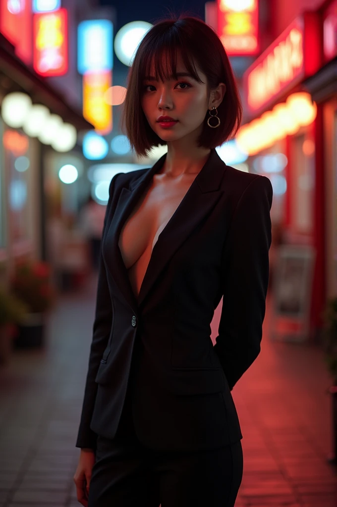 (Highest quality、Highest quality、8k resolution、masterpiece、Professional photography、Award-winning works)、(mature beautiful japanese woman:1.1)、(Stroll through the entertainment district, filled with nightlife and glamour:1.1)、(Strongly blurred background:1...