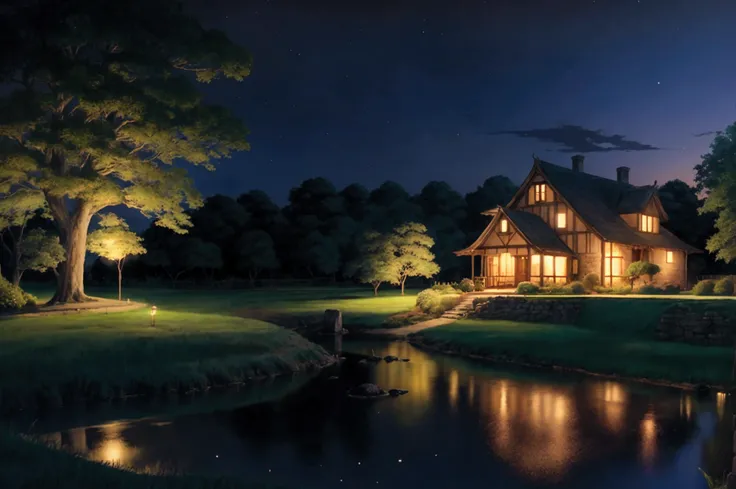 Rural Scenery、Ghibli style、night、Mysterious House、Great scene、