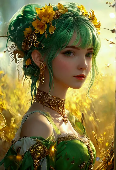 Green Hair，Double tail，Golden pupils，Prairie costumes，Girl