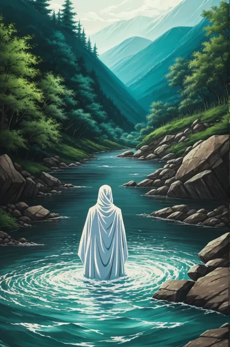 Ghost of man that drowned in river in anime art