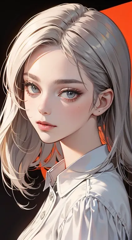 A painting of a woman with gray hair and an orange blouse, stunning anime face portrait, beautiful character painting, cute anime portrait, her image is rendered with red ink, presenting an impressive effect. The painting is very detailed, depicting female...