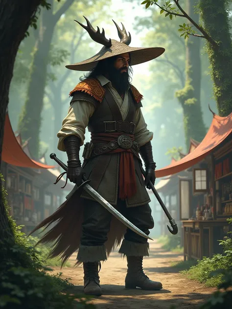 an image of a man with a sword in the woods, art station front page, very detailed animal hat, inspired by Vladimír Vašíček, the last wanderer of earth, merchant stands, realistically rendered clothing, rendered lighting, wielding a crowbar, game render, v...