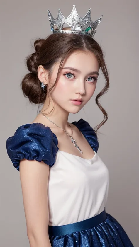 Teenage girl with white skin and green eyes with light brown hair, lips painted with gloss and natural eyeshadow with small sparkles, wearing a navy blue flared 15-year-old dress, a half bun hairstyle with curly hair and a silver queen crown and a heart ne...