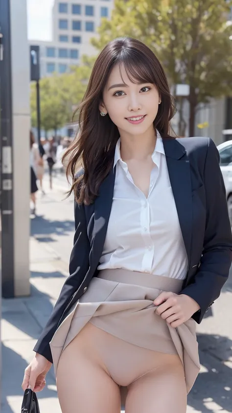 Woman in a suit standing on the sidewalk,((23-year-old woman))、small Breasts、Dark brown hair color、Hairstyle with bangs、Various hairstyles、Hairstyles of different lengths、(8k, RAW Photos, highest quality, Tabletop: 1.2),、(Realistic, Realistic: 1.3), Citysc...